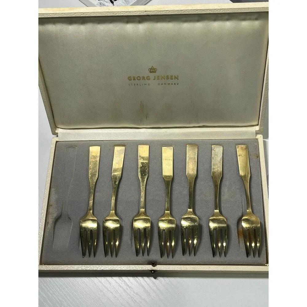 Vintage‎ Georg Jensen Sterling Silver Enamel Harlequin Dessert 7 Forks Denmark